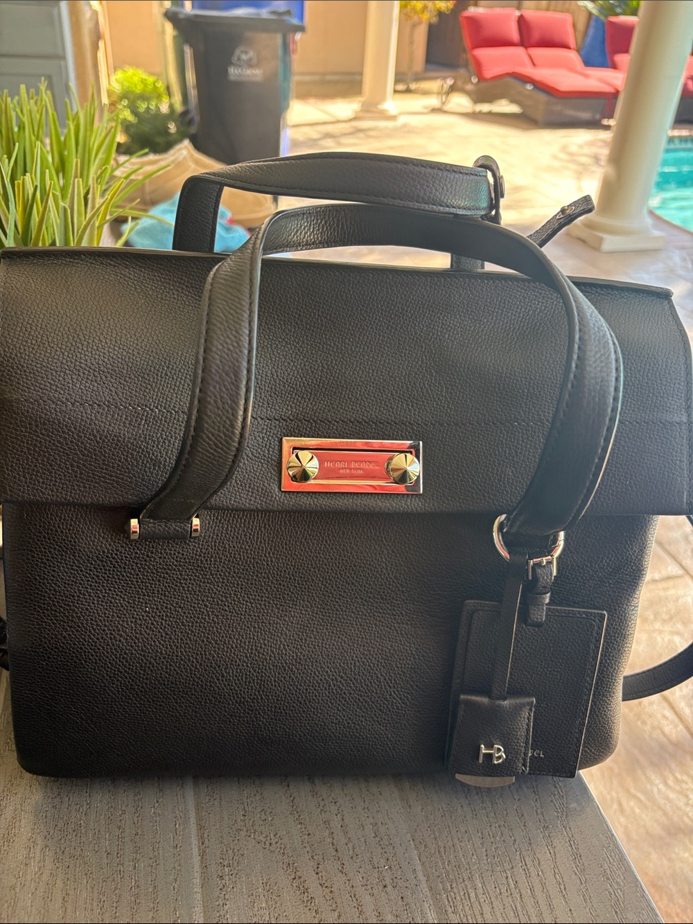 Henri Bendel Black Pebbled Leather Satchel with Silver Hardware